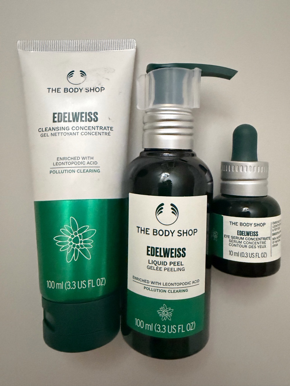 The Body Shop Edelweiss Skincare Lot-Cleanser, Liquid Peel, Eye Serum